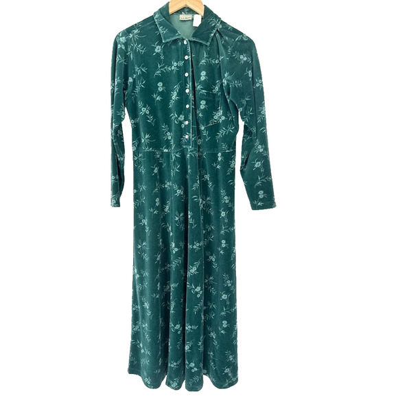 Vintage LL Bean Velour Maxi Dress 8 Long Sleeve Button Front Cottagecore Green - Picture 1 of 10
